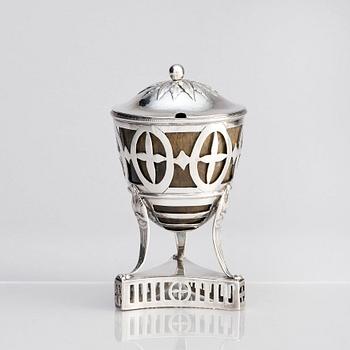 A Swedish silver Mustard Pot with lid, mark of Johan Abraham Hallard, Stockholm 1794.