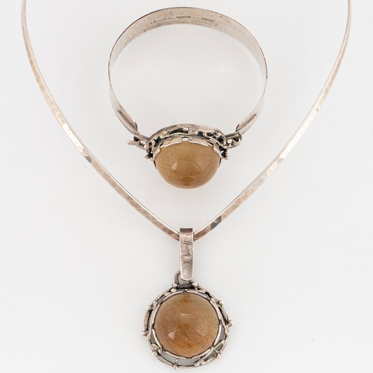 Bangle and pendant silver with cabochon cut rutile quartz, Klintz, necklace Alton.