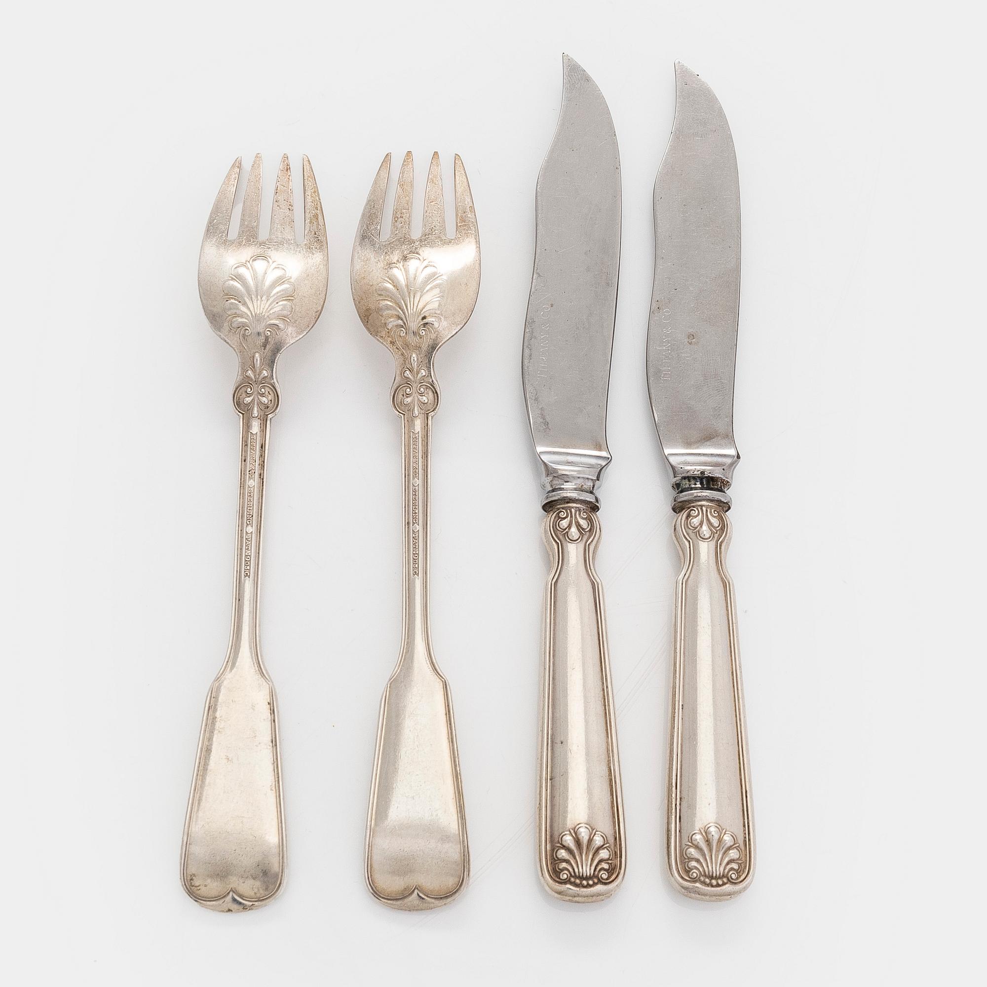 Tiffany & Co, Two pairs of sterling silver fish cutlery set.