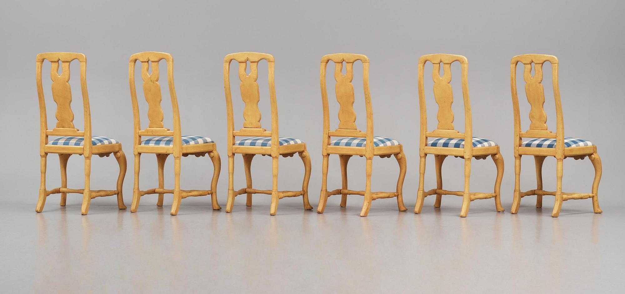 A set of six swedish late-Baroque chairs, Stockholm, first part 18th century.