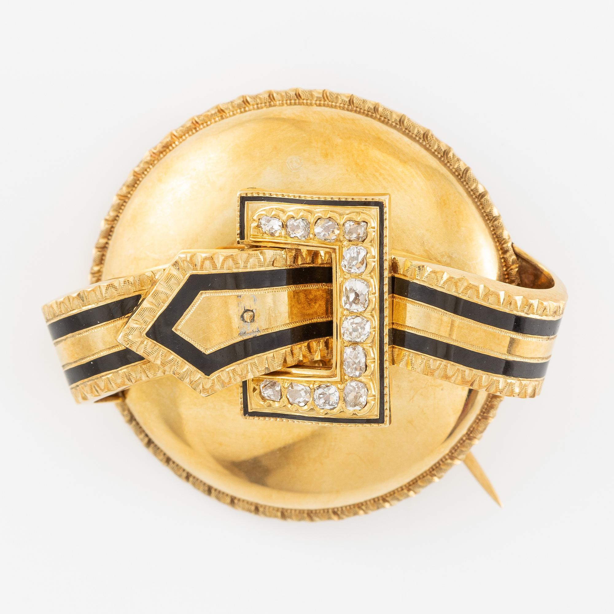 Brooch 18K gold with enamel and old-cut diamonds.