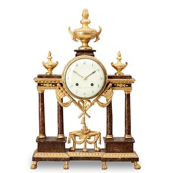 552. A late Gustavian porphyry imitation and gilt wood mantel clock by W. Pauli.