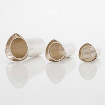 Three spirit measuring cups, silver 830, in a wooden box, Kultakeskus, Finland 1983.