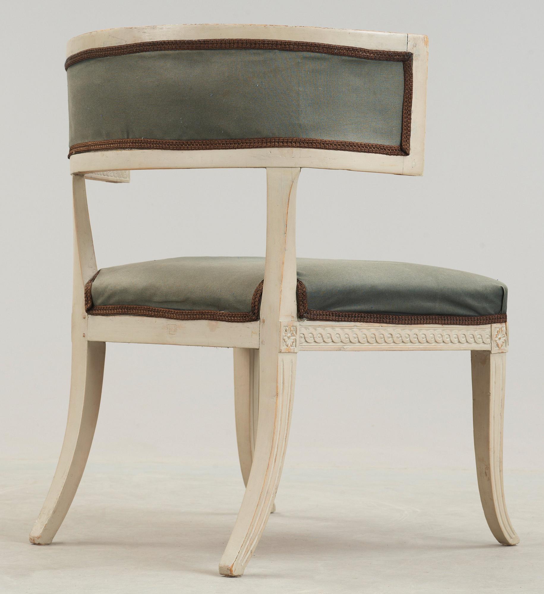 A late Gustavian circa 1800 klismos armchair.