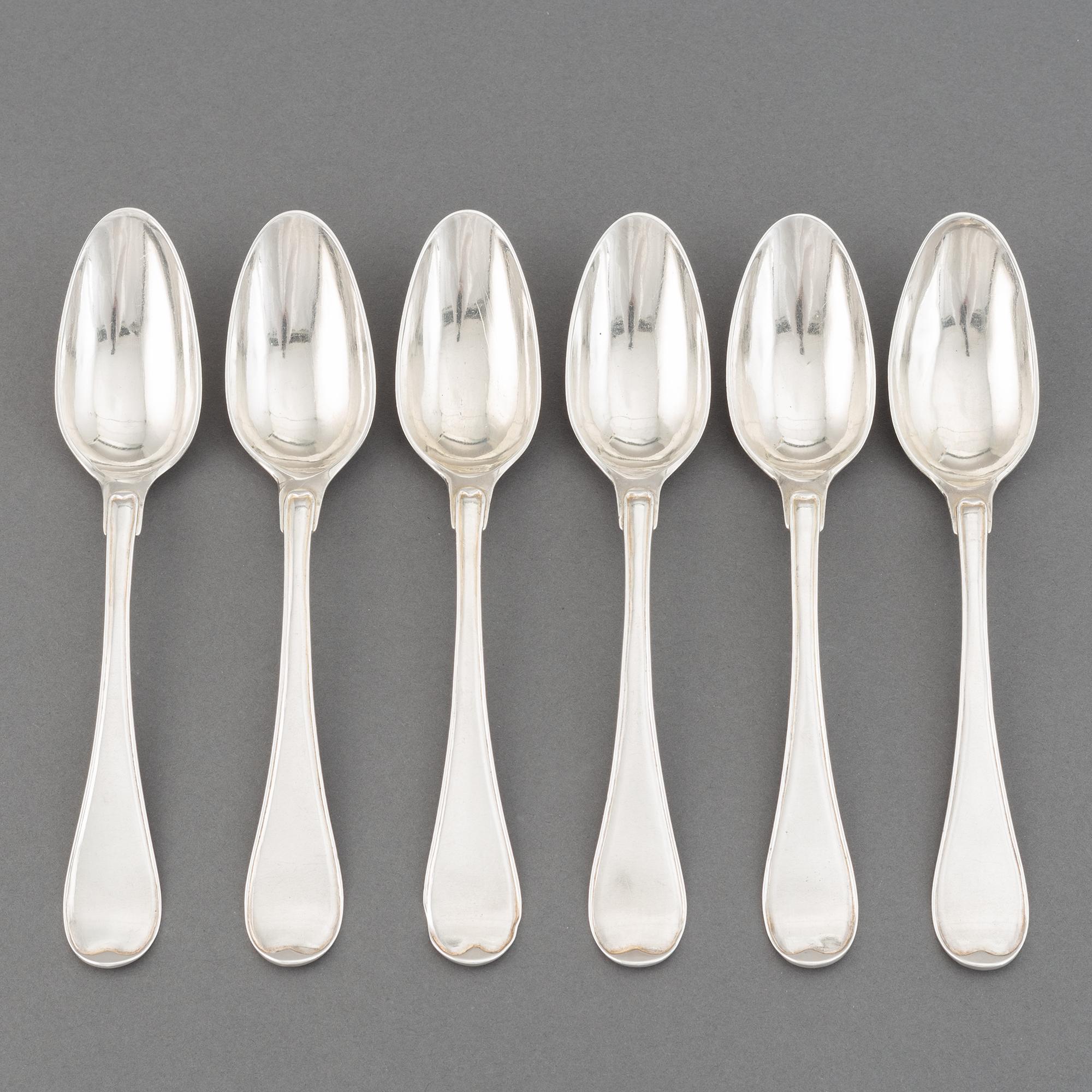 A set of six Swedish 18th century silver spoons, maker's mark Petter Eneroth, Stockholm, 1785.