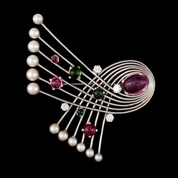 33. A cultured pearl, tourmaline and brilliant-cut diamond brooch. Diamond total carat weight 1.00 ct.