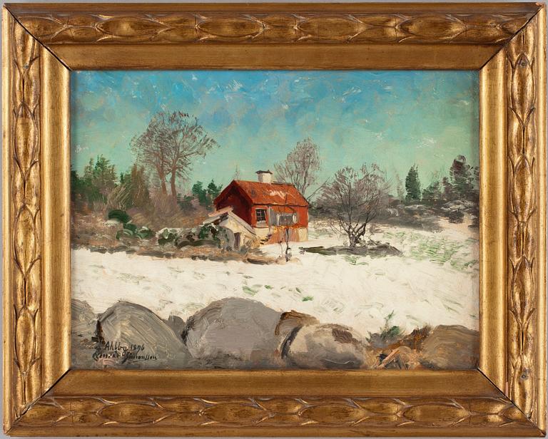 KONRAD SIMONSSON, olja på pannå. Sign och dat Ahlby 1896.