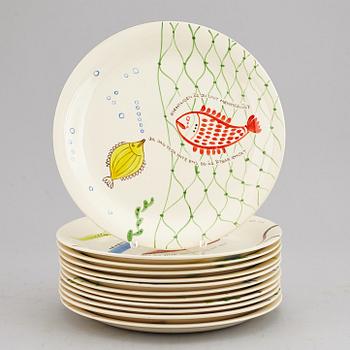 STIG LINDBERG, A set of 12 "Löja" creamware plates, Gustavsberg, Sweden.