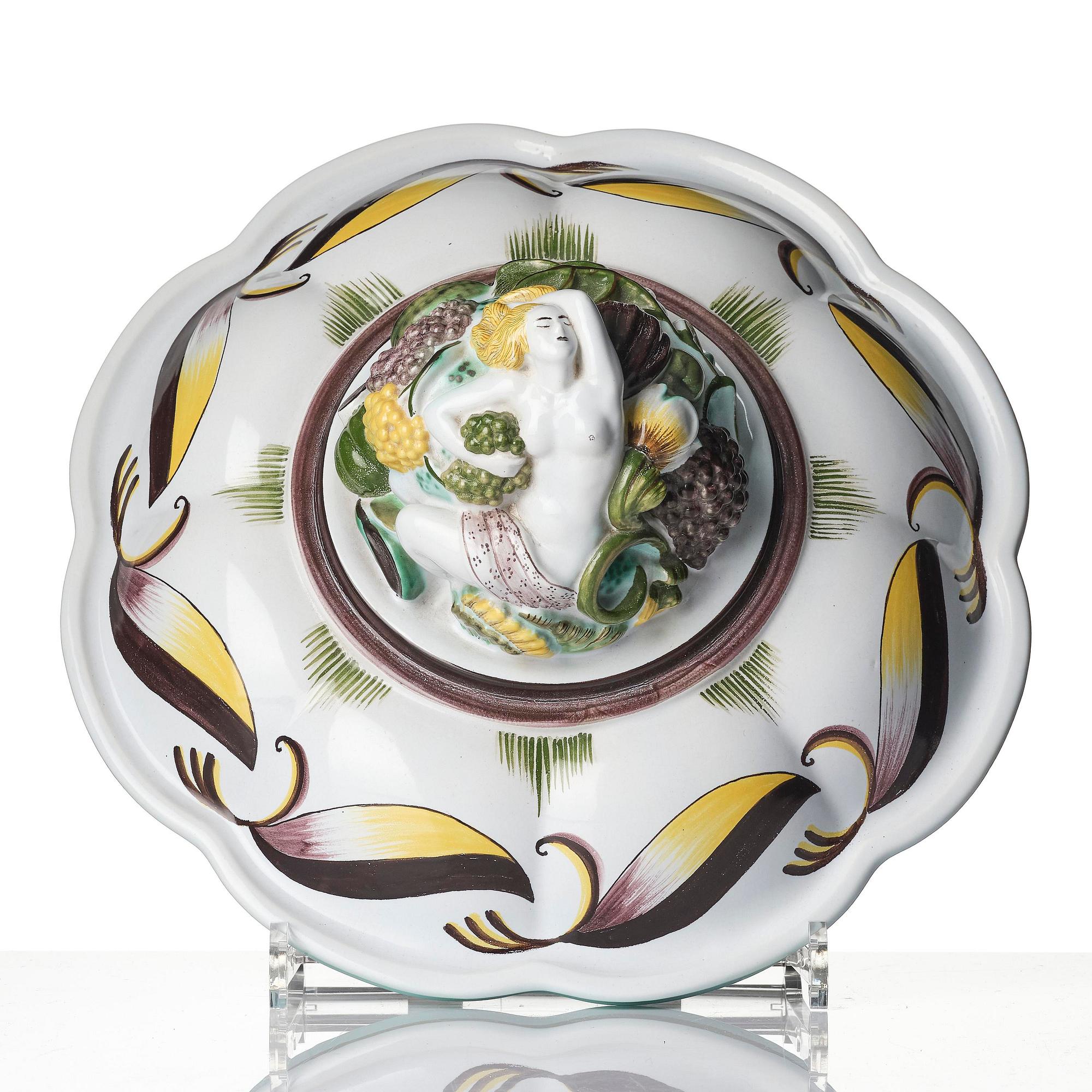 Arthur Percy, a Swedish Grace lidded creamware bowl, Gefle Porcelain Factory, Sweden, 1920s-30s.