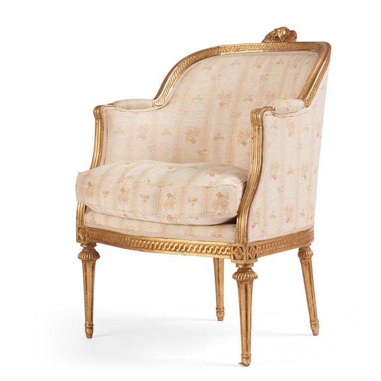 A royal Gustavian giltwood bergère, Stockholm, late 18th century.