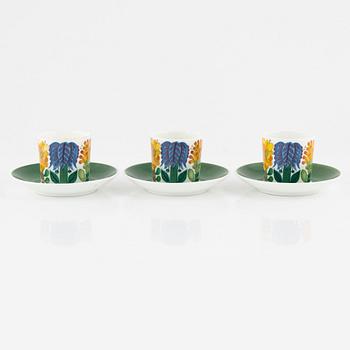 Stig Lindberg, three coffe cups with plates. "Tahiti", Gustavsberg.