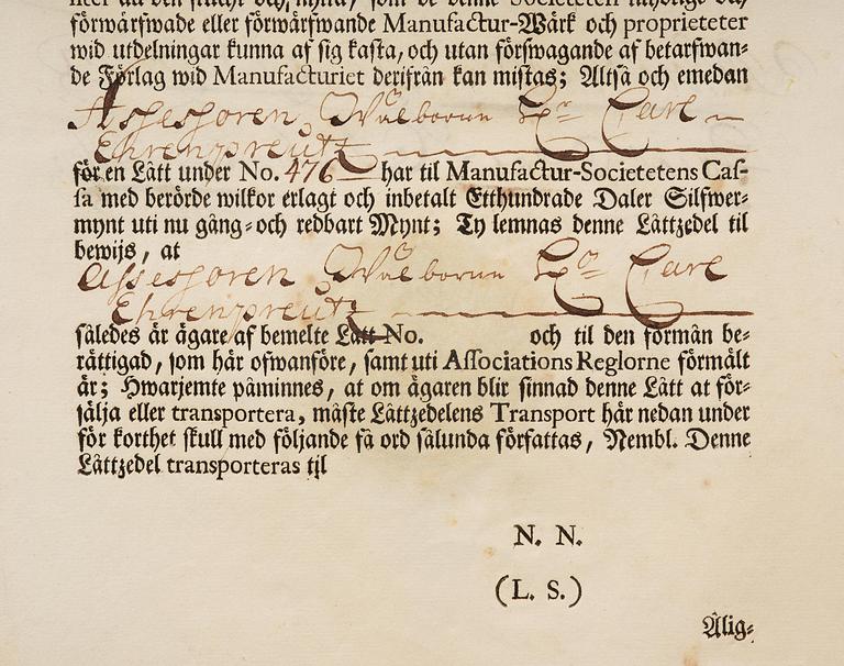 A Swedish share certificate, Ahlingsåhs Manufaktur Werk, No 476, 1728.