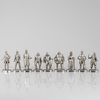 Allan Ebeling, nine stainess steel figurines, Swedish Kings and Queens, Nyby Bruks AB.