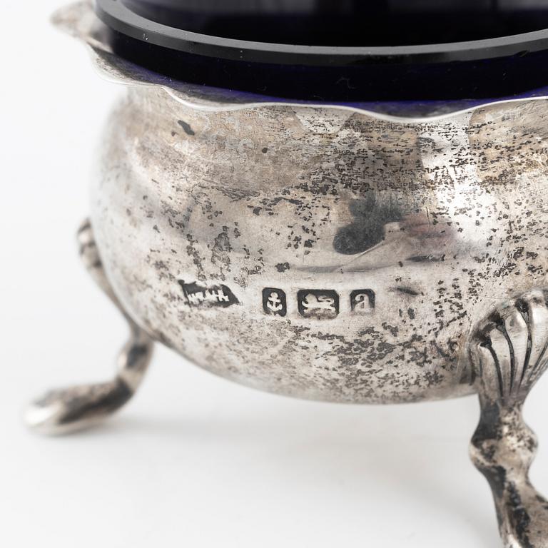 A seven piece silver spice set, with two sppons, England, mostly Birmingham.