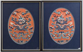 Two silk embroidered pieces, framed, late Qing dynasty.