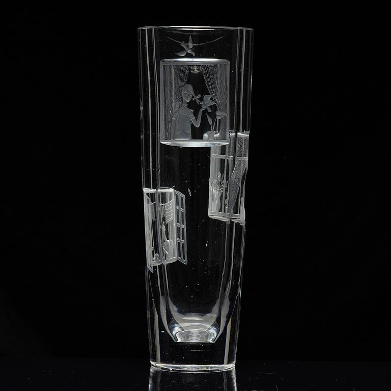 Tapio Wirkkala, a rare engraved "Finestra" glass vase, Iittala, Finland, 1947, model 3220, engraved by Theodor Käppi.
