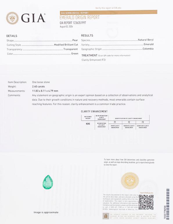 Ring, 14K gold with pear-cut Colombian emerald and diamonds. Accompanied by GIA report.