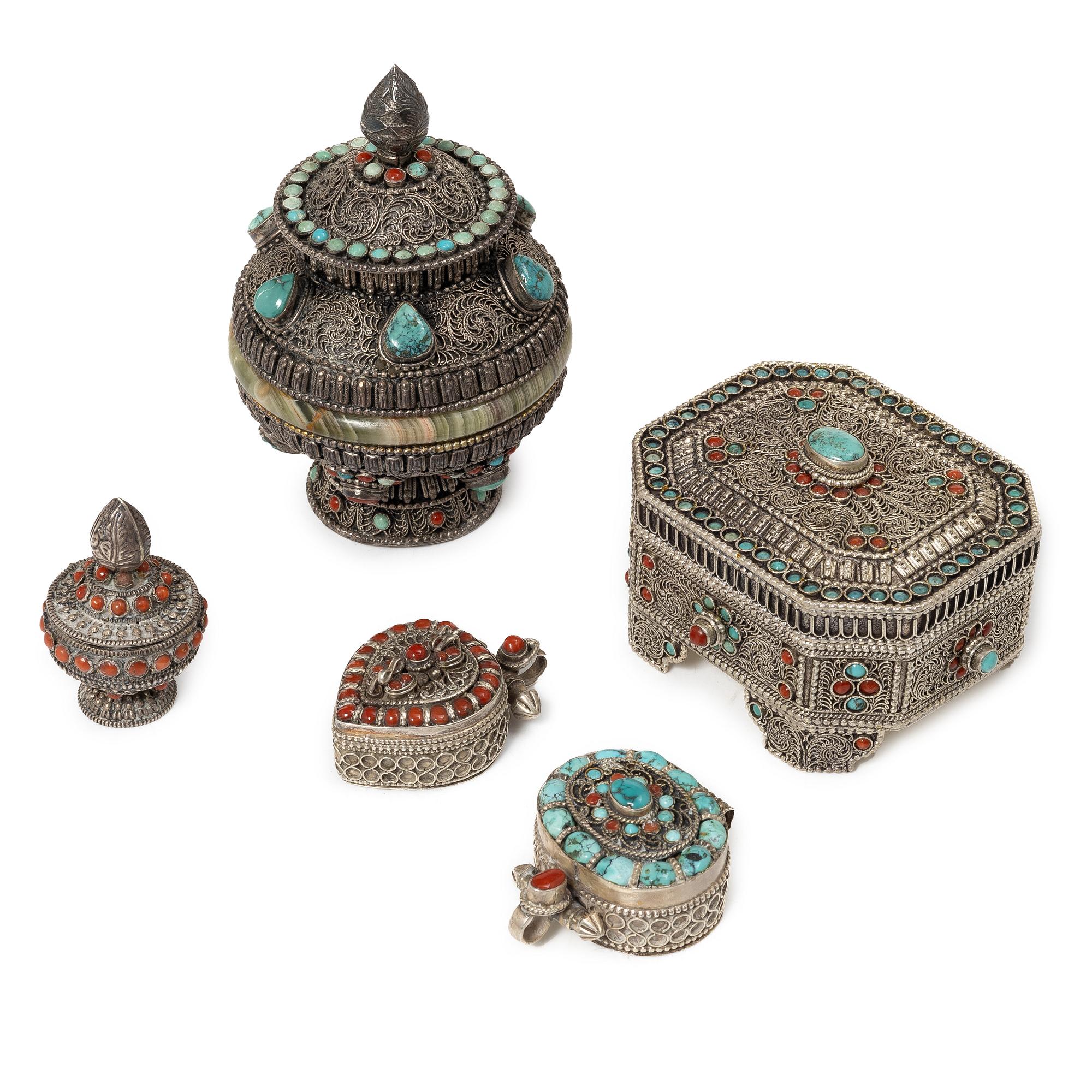 A group of five silver boxes with covers, South East Asia, 20th century.