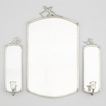 A mirror and a pair of wall sconces, 1920's/30's.