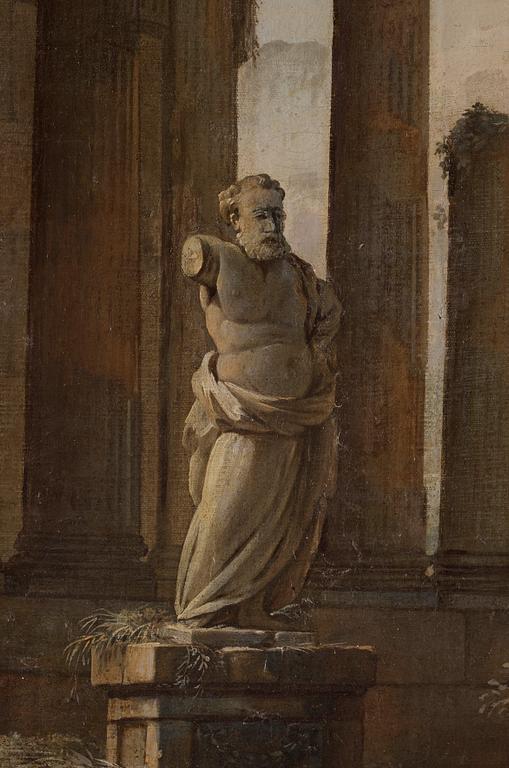 Johan Pasch Tillskriven, Väggfält. Ruinlandskap rastande soldater och figurer vid brunn.