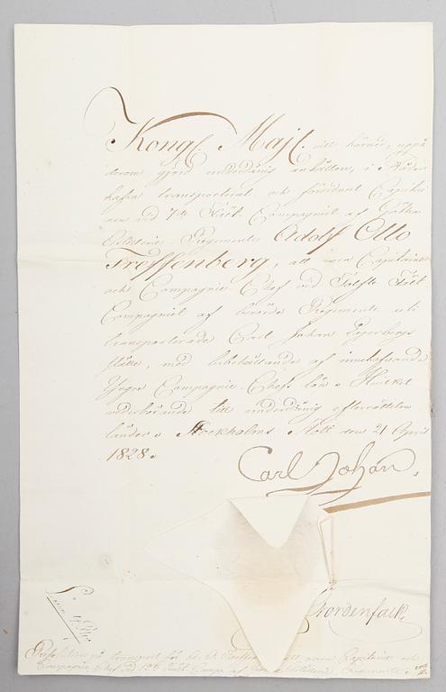 SAMLING MILITÄRA DOKUMENT, bla 3 med Carl XV signatur, 2 med Carl XIV Johans signatur och 3 med Gustaf V signatur.