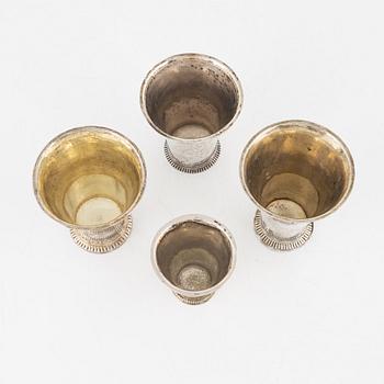 Four Swedish silver miniature beakers, 18th century.