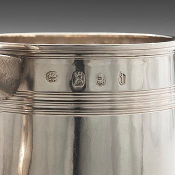 A pair of English early 18th century silver muggs, mark of John Cory, London 1704.