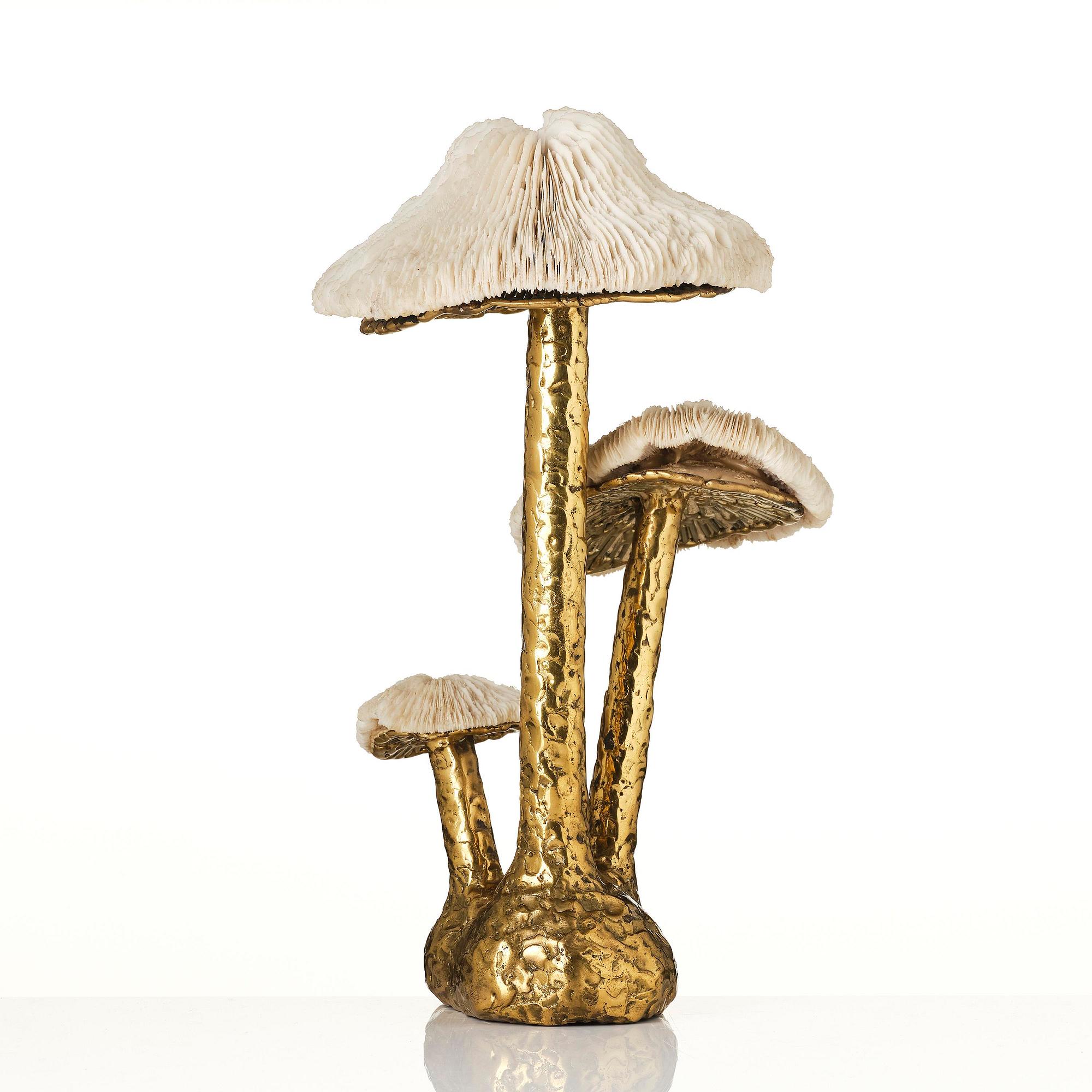 Jacques Duval-Brasseur, skulptur, tre svampar i gjuten brons och korall, Frankrike, 1970-tal.