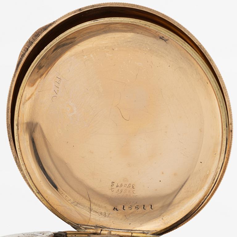 American Waltham Watch Co, fickur, savonett, 14K guld, med kedja, 53,5 mm.