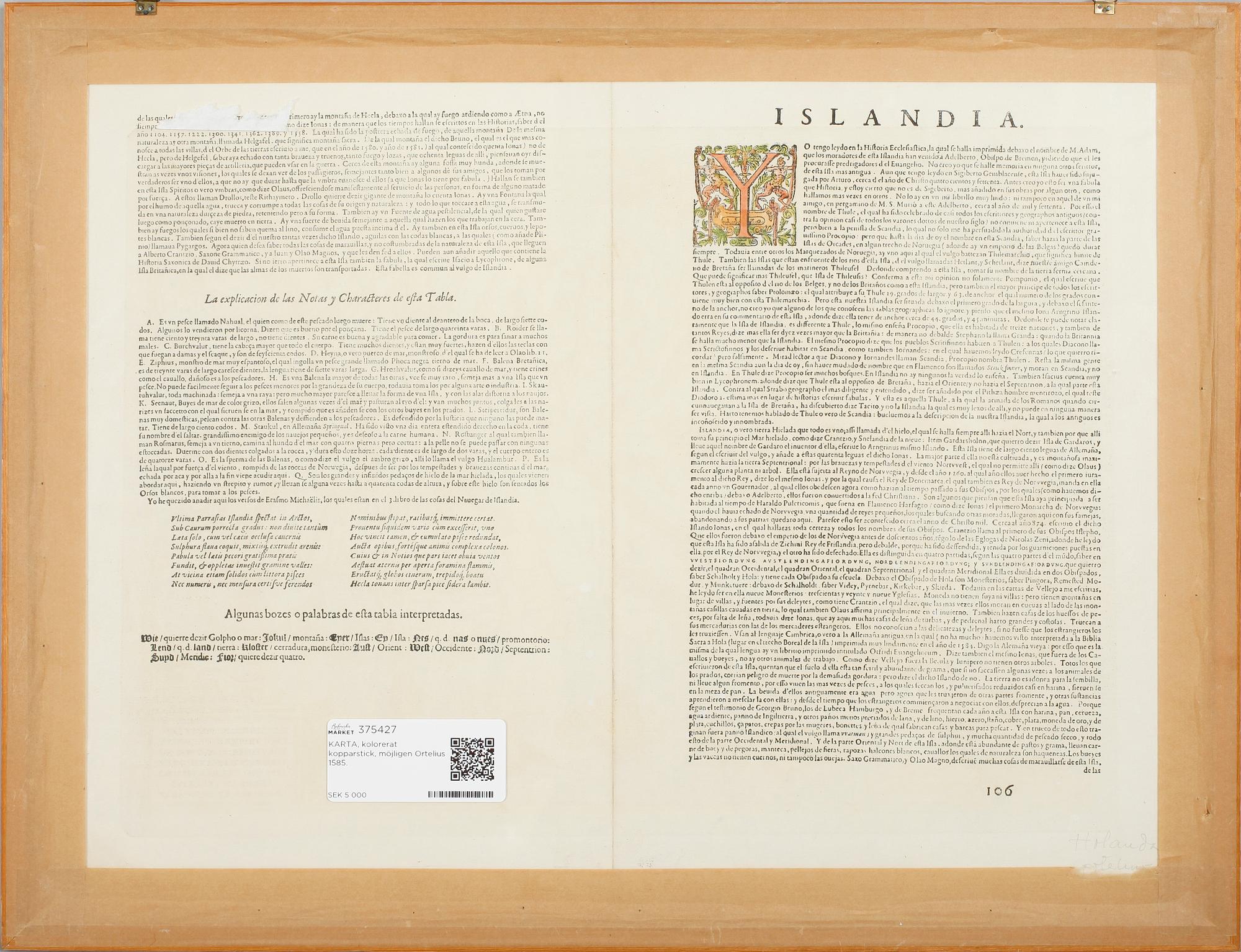 KARTA, kolorerat kopparstick, möjligen Ortelius 1585.