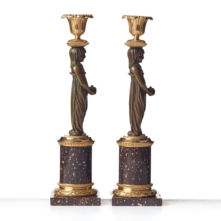 A pair of late Gustavian circa 1800 porphyry and gilt and patinated bronze candlesticks.