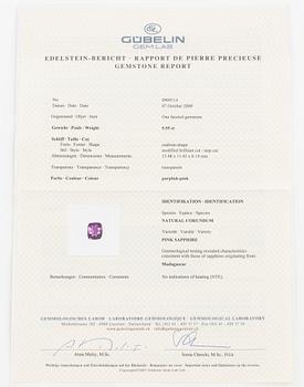 An unheated 9.55 ct fancy pink sapphire and brilliant-cut diamond ring. Certificate from Gübelin.