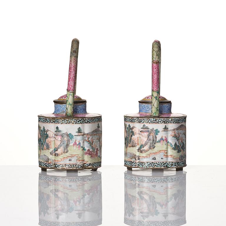 A Chinese pair of enamel on copper tea pots, Qing dynasty, Qianlong (1736-95).