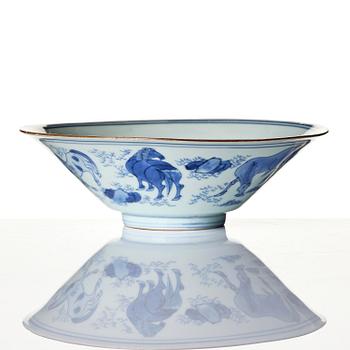 A blue and white 'eight horses of Muwang' bowl, Qing dynasty, Shunzhi period, mid 17th century.