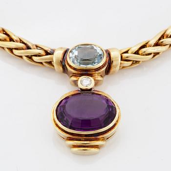 COLLIER, med briljantslipad diamant, ametist samt akvamarin.