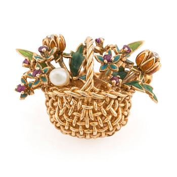 496. A basket brooch in 18K gold and enamel with diamonds designed by Barbro Littmarck, W.A. Bolin Stockholm 1950.