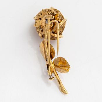 Brosch, "en treblant" ,18K guld i form av ros, med diamant,rubiner, safirer och smaragder. Franska stämplar.