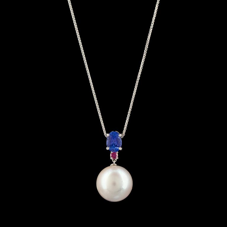 A cultured South sea pearl, 15 mm, tanzanite and ruby pendant.