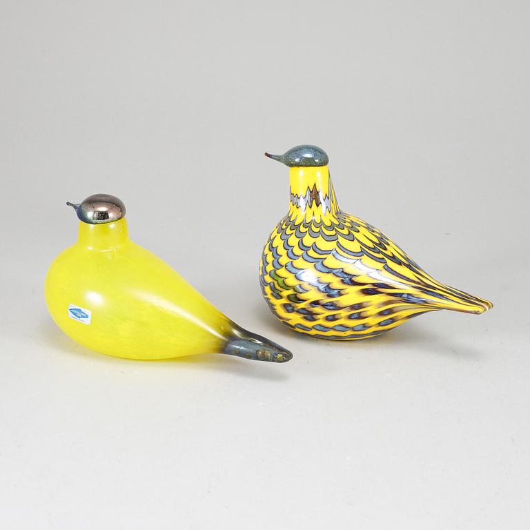 OIVA TOIKKA, två glasfåglar, Yellow Grouse (Keltariekko) 2014–2017, signerade O. Toikka, Iittala och Nuutajärvi.