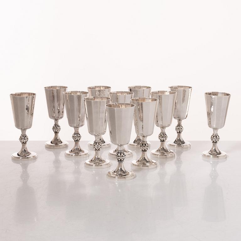 Eric Löfman, A set of twelve silver vodka glasses, KG Markströms, Uppsala 1972.