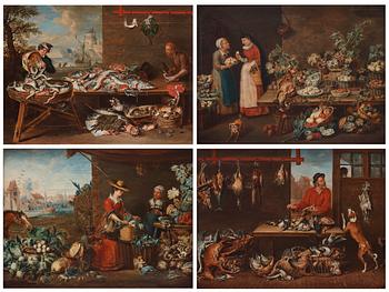 655. Pieter Angellis Attributed to, Market scenes after Frans Snyders; ”Der Obstmarkt”, ”Der Gemüsemarkt”, ”Der Wildbrethändler”, ”Der Fischmarkt”.