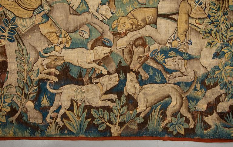 A tapestry, "Wolf hunting", tapestry weave, ca 250,5 x 240,5 cm, Flanders first half of the 17th century or older.