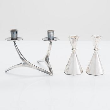 A 2-arm silver candle holder and a pair of silver candlesticks, Anna-Greta Eker and Hopearae Lasander, Turku 1965, 1963.