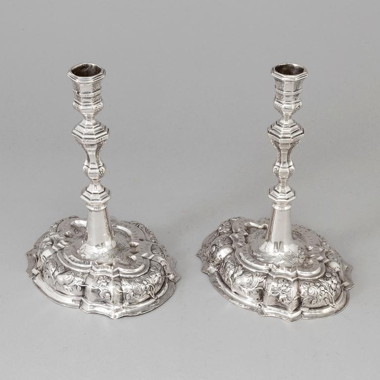 A pair of 18th century silver candlesticks, unidentified makers mark, Breslau 1737-1745.