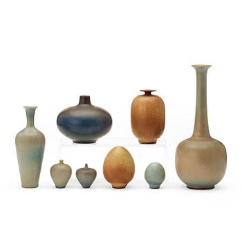 299. Berndt Friberg, a set of eight stoneware vases, Gustavsberg Studio 1942-61.