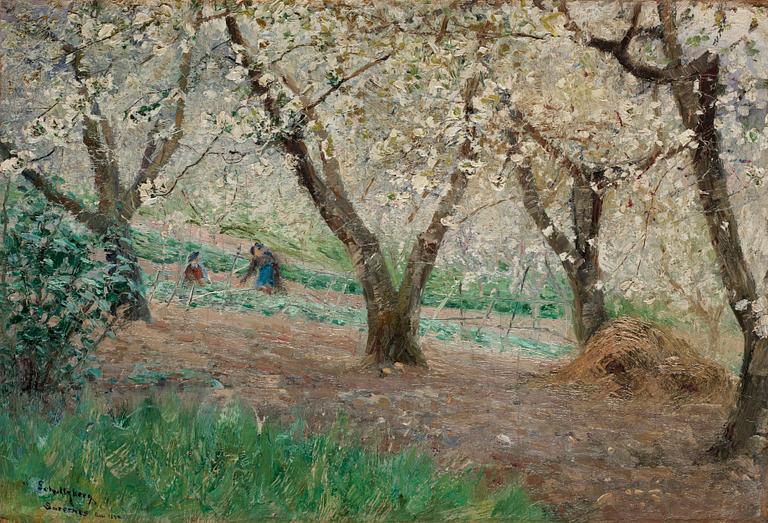 Anshelm Schultzberg, "Blommande fruktträd, Surèsnes" (Blossoming fruit trees, Surèsnes).