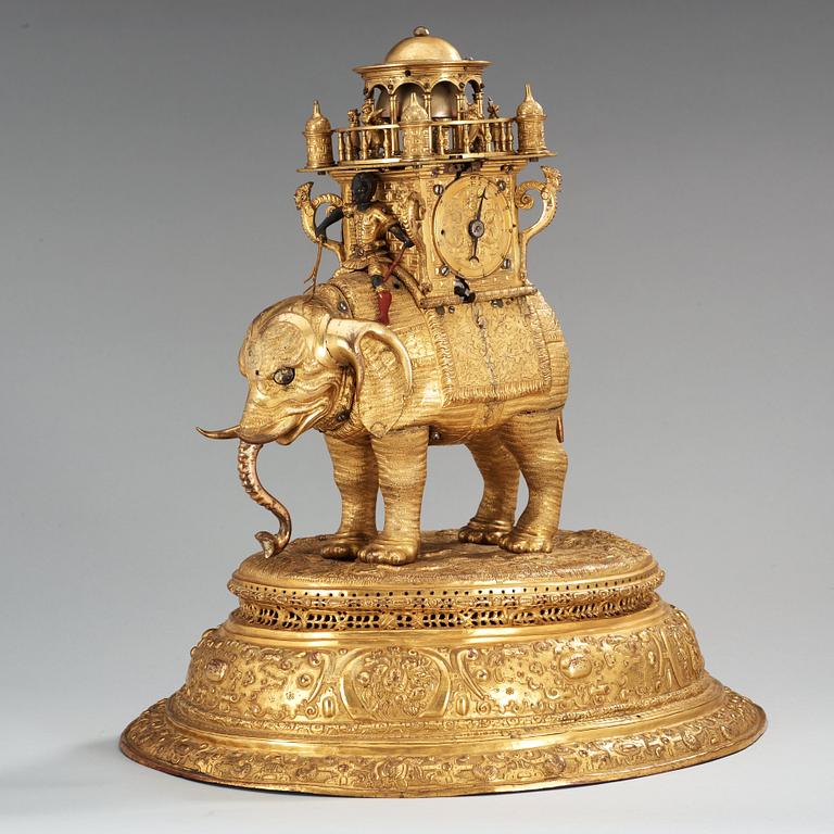 An important South German late 16th century gilt copper and bronze elephant automaton figure clock.