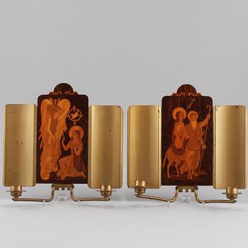 VÄGGLAMPETTER, ett par, Mjölby Intarsia, 1930/40-tal.
