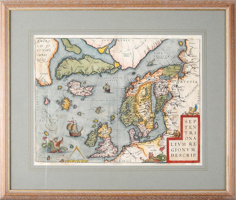 A hand colored map by Abraham Ortelius, "Septentrionalium Regionum Descrip.", probably 17th century.