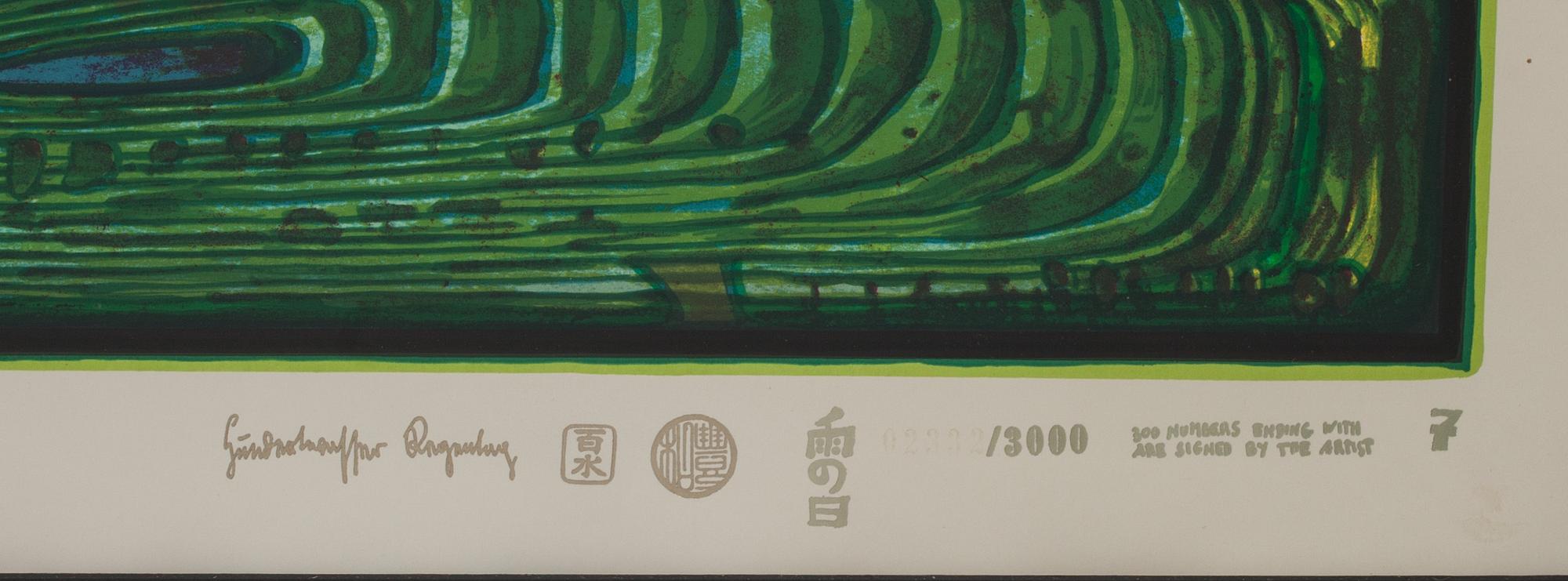 FRIEDENSREICH HUNDERTWASSER, färgserigrafi med metallprägling, numrerad 2332/3000.